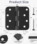 Diagram showing 12 Pack 4 Inch Matte Black Exterior Door Hinges With Five Eighths Radius And Square Corners, dimensions detailed.