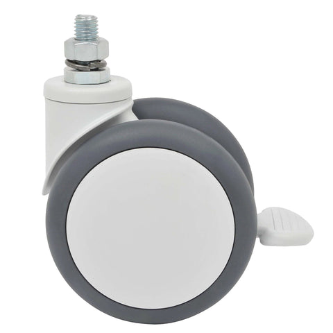 4" Floor Safe Computer Desk, Workstation & Rolling Cart Medical Caster Kit - Side view showing 4-inch wheel and brake pedal