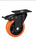 4 Inch Heavy Duty Caster Wheels Set of 8 with orange polyurethane swivel casters and locking brakes, side view.