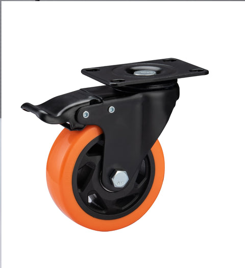 4 Inch Heavy Duty Caster Wheels Set of 8 with orange polyurethane swivel casters and locking brakes, side view.