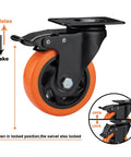 4 Inch Heavy Duty Caster Wheels Set of 8 with orange polyurethane swivel casters and locking brakes, black top plate, close-up view.