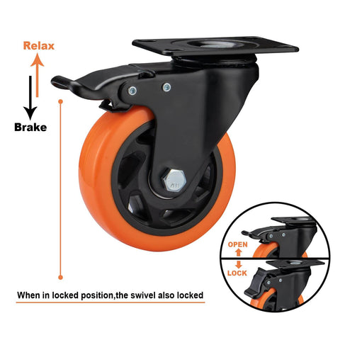 4 Inch Heavy Duty Caster Wheels Set of 8 with orange polyurethane swivel casters and locking brakes, black top plate, close-up view.