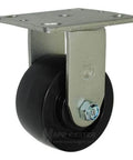 Toolbox Caster Kit - 4" Polyolefin Casters for Job Boxes - 2,000 Lbs.; side view of a black rigid caster with a metal mounting plate