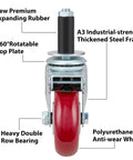 Front view of a 4 Inch Prep Table Caster Wheels Set Of 4, Heavy Duty Expanding Stem Casters For Stainless Steel Furniture Legs, Work Tables And Kitchen Benches, Fits Inner Diameters 7/8 In, 1 In, 1-1/2 In And 1-5/8 In, With Brakes, showing expanding stem and red polyurethane wheel.