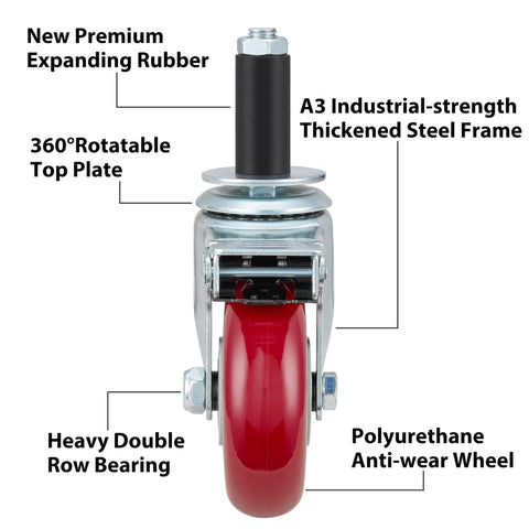 Front view of a 4 Inch Prep Table Caster Wheels Set Of 4, Heavy Duty Expanding Stem Casters For Stainless Steel Furniture Legs, Work Tables And Kitchen Benches, Fits Inner Diameters 7/8 In, 1 In, 1-1/2 In And 1-5/8 In, With Brakes, showing expanding stem and red polyurethane wheel.