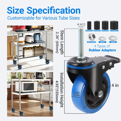 4 Inch Prep Table Caster Set Of 4 With Swivel Expanding Stem And Brakes For Stainless Steel Tables And Carts, Dual Bearing Design