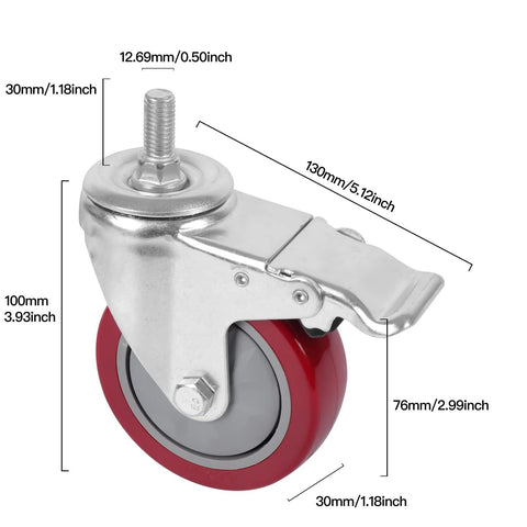 4 Inch Heavy Duty Stem Casters With 360 Degree Swivel And Double Locking Brake Red PVC Wheels M12 1.75 Thread Thickened Galvanized Bracket Load Capacity Up To 1200 Pounds Pack Of Four For Workbenches Furniture Carts side view