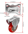 4-Inch Caster Wheels Set With Red Polyurethane Wheels Top Plate Non-Swivel Rigid Fixed Casters With Mounting Hardware dimensions