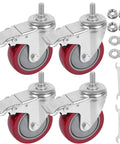 4 Inch Heavy Duty Stem Casters With 360 Degree Swivel And Double Locking Brake Red PVC Wheels M12 1.75 Thread Thickened Galvanized Bracket Load Capacity Up To 1200 Pounds Pack Of Four For Workbenches Furniture Carts, nuts and tools included.