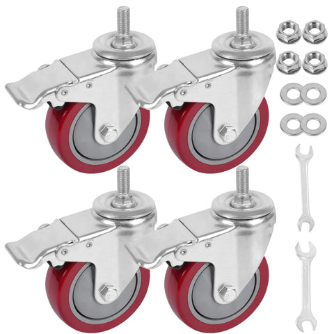 4 Inch Heavy Duty Stem Casters With 360 Degree Swivel And Double Locking Brake Red PVC Wheels M12 1.75 Thread Thickened Galvanized Bracket Load Capacity Up To 1200 Pounds Pack Of Four For Workbenches Furniture Carts, nuts and tools included.