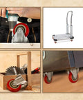 Collage of 12 Pack 4 Inch Rigid Caster Wheels with red polyurethane tires and top plate mounting in use on carts and equipment.