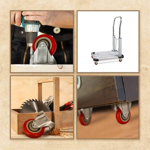 Collage of 12 Pack 4 Inch Rigid Caster Wheels with red polyurethane tires and top plate mounting in use on carts and equipment.