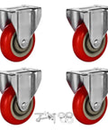 4-Inch Caster Wheels Set With Red Polyurethane Wheels Top Plate Non-Swivel Rigid Fixed Casters With Mounting Hardware
