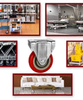 4-Inch Caster Wheels Set With Red Polyurethane Wheels Top Plate Non-Swivel Rigid Fixed Casters displayed in various uses.