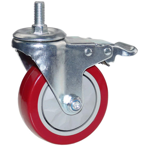 4 Inch Heavy Duty Stem Casters With 360 Degree Swivel And Double Locking Brake Red PVC Wheels M12 1.75 Thread Thickened