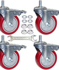 4 Inch Heavy Duty Stem Casters With 360 Degree Swivel And Double Locking Brake Red PVC Wheels M12 1.75 Thread Thickened Galvanized Bracket Load Capacity Up To 1200 Pounds Pack Of Four For Workbenches Furniture Carts