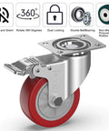 4 Inch Heavy Duty Caster Wheels With Brakes And Screws Set Of Four Silent Rubberized Castors Up To 1320 Lbs Capacity No Floor Marks Ideal For Furniture Trolleys And Pallets Swivel Design For Easy Maneuvering close-up view