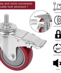 4 Inch Heavy Duty Stem Casters With 360 Degree Swivel And Double Locking Brake Red PVC Wheels M12 1.75 Thread Thickened Galvanized Bracket Load Capacity Up To 1200 Pounds Pack Of Four For Workbenches Furniture Carts