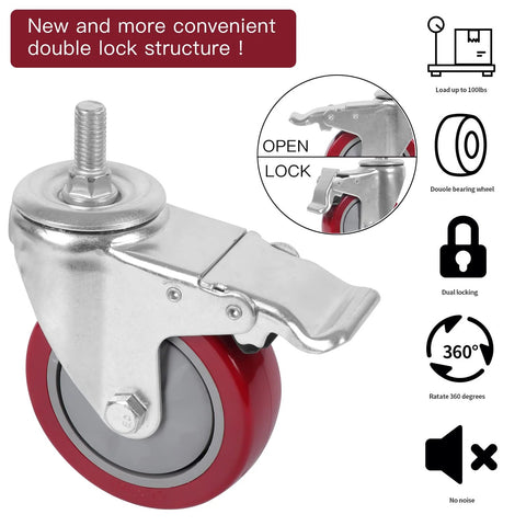 4 Inch Heavy Duty Stem Casters With 360 Degree Swivel And Double Locking Brake Red PVC Wheels M12 1.75 Thread Thickened Galvanized Bracket Load Capacity Up To 1200 Pounds Pack Of Four For Workbenches Furniture Carts