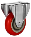 Close-up of a 12 Pack 4 Inch Rigid Caster Wheel with red polyurethane tires and top plate mounting for heavy duty use.