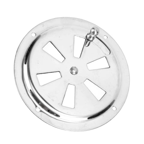 Rear view of a 4-inch round marine-grade 316 stainless vent cover with adjustable side knob.