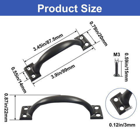 Diagram showing dimensions of 4 Pack 4 Inch Metal Door Handles Rustic Bow Pulls with Vintage Arched Design in Matte Black Iron Construction.