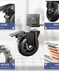4 Inch Side Mount Plate Caster Wheels L Shaped Heavy Duty Set of 4 with Brake shown with features like dual locking and precision bearings.
