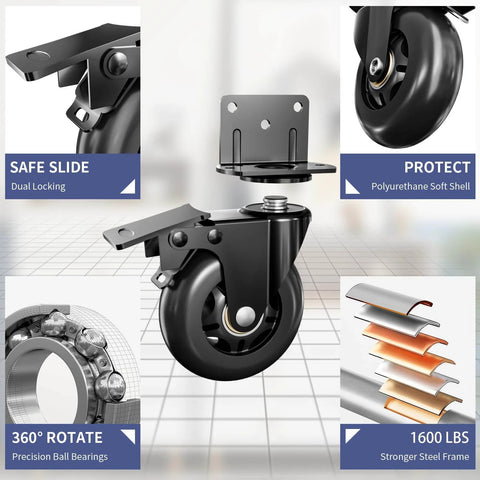 4 Inch Side Mount Plate Caster Wheels L Shaped Heavy Duty Set of 4 with Brake shown with features like dual locking and precision bearings.