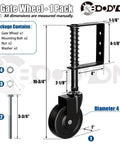 Diagram of a 4 Inch Spring Loaded Swivel Gate Caster with Shock Absorbing Spring, showing dimensions and components included in packaging.