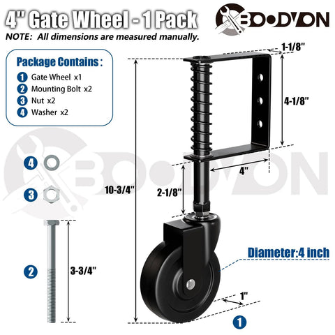 Diagram of a 4 Inch Spring Loaded Swivel Gate Caster with Shock Absorbing Spring, showing dimensions and components included in packaging.