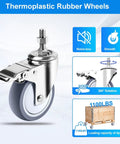 Four Inch Stainless Steel Caster Wheels With Brake, Rust Resistant Non Marking TPR Rubber, Threaded Stem Sizes Three Eighths By One Inch Or One Half By One And A Half Inches