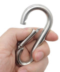 Hand holding 4 Inch Spring Snap Hook 304 Stainless Steel Light Duty Clip For Keys Bags And Home Organization 2 Pack Rust Resistant 650 Lbs Load