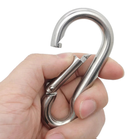 Hand holding 4 Inch Spring Snap Hook 304 Stainless Steel Light Duty Clip For Keys Bags And Home Organization 2 Pack Rust Resistant 650 Lbs Load