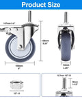 Diagram of Four Inch Stainless Steel Caster Wheels with Brake, Rust Resistant Non Marking TPR Rubber, various stem sizes shown.