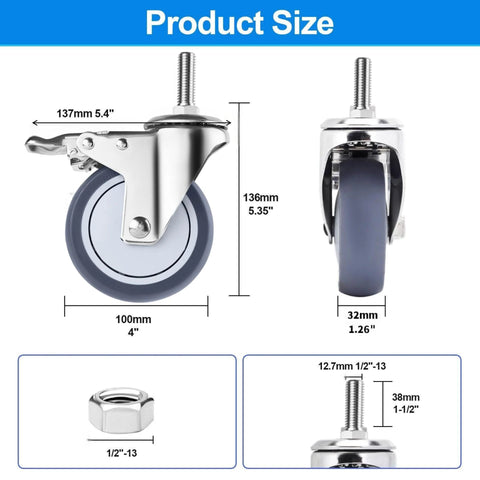 Diagram of Four Inch Stainless Steel Caster Wheels with Brake, Rust Resistant Non Marking TPR Rubber, various stem sizes shown.