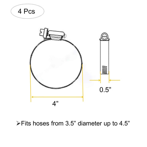 Adjustable 304 Stainless Steel Duct Clamps Set For 4 Inch Hoses Fits 3.5 To 4.5 Inch Air Ducting Pipe Fittings diagram