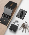 4 Inch 90 Degree Stainless Steel Padlock Hasps With Padlock And Keys Set, shown with a padlock, keys, and mounting bracket on a wooden surface.
