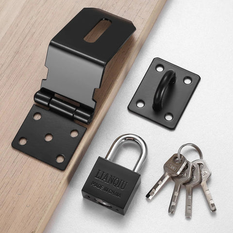 4 Inch 90 Degree Stainless Steel Padlock Hasps With Padlock And Keys Set, shown with a padlock, keys, and mounting bracket on a wooden surface.