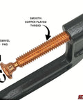 Close-up of ATE Pro USA 6 Pack 4 Inch Heavy Duty Steel C Clamps with smooth copper plated thread and swivel pad for secure grip