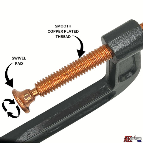Close-up of ATE Pro USA 6 Pack 4 Inch Heavy Duty Steel C Clamps with smooth copper plated thread and swivel pad for secure grip