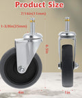 Side and front view of 4 Inch Stem Caster Wheels Set Of 4 Heavy Duty Swivel Casters TPR Replacement For Utility Carts and Shop Accessories