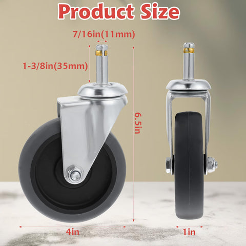 Side and front view of 4 Inch Stem Caster Wheels Set Of 4 Heavy Duty Swivel Casters TPR Replacement For Utility Carts and Shop Accessories