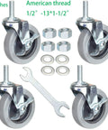 Heavy Duty 4 Inch Threaded Stem Swivel Caster Wheels With 1/2-13 UNC Threads, non marking TPR rubber, wrench and hardware.