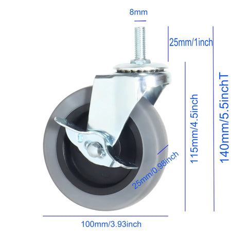 4 Inch Heavy Duty Swivel Casters With Threaded Stem M8 1.25 X 25mm Locking Castors Set Of 4 For Furniture Workbenches And Carts
