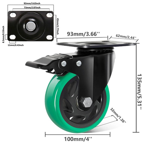 Close-up of 4 Inch Swivel Plate Caster Wheels Set of 4 Heavy Duty 1800 Lbs Total Capacity with Brakes Polyurethane Casters
