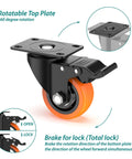 4 Inch Swivel Caster Wheels With Safety Total Lock And 360 Degree Rotation Heavy Duty Plate Casters Total Capacity 1200 Lbs For Flight Cases Mobile Workstations Trolleys Pack Of 4 Orange, close-up view of one caster wheel showing lock mechanism and swivel plate.