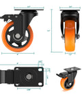 4 Inch Swivel Caster Wheels With Safety Total Lock and 360 Degree Rotation Heavy Duty Plate Casters Total Capacity 1200 Lbs For Flight Cases Mobile Workstations Trolleys Pack Of 4 Orange, showing front, side, and top views with dimensions.