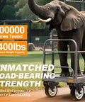 Elephant standing on platform supported by 4 inch heavy duty caster wheels set of 4 rated 2400 lb total with 360 swivel dual locking brakes.