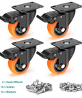 4 Inch Swivel Caster Wheels With Safety Total Lock And 360 Degree Rotation Heavy Duty Plate Casters Total Capacity 1200 Lbs For Flight Cases Mobile Workstations Trolleys Pack Of 4 Orange, shown with screws and washers