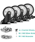 4 Inch Swivel Caster Wheels With Safety Total Lock And 360 Degree Rotation, Heavy Duty Plate Casters Set Of 4, screws, washers shown